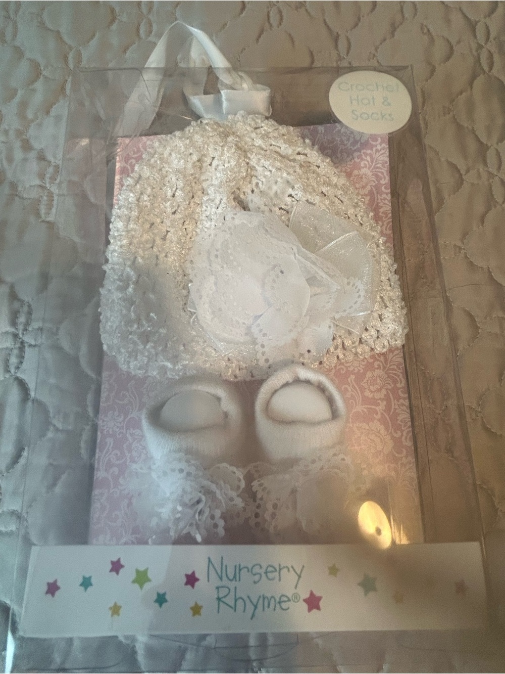 Nursery Rhyme White Crochet Baby Hat with Flower and Matching Socks